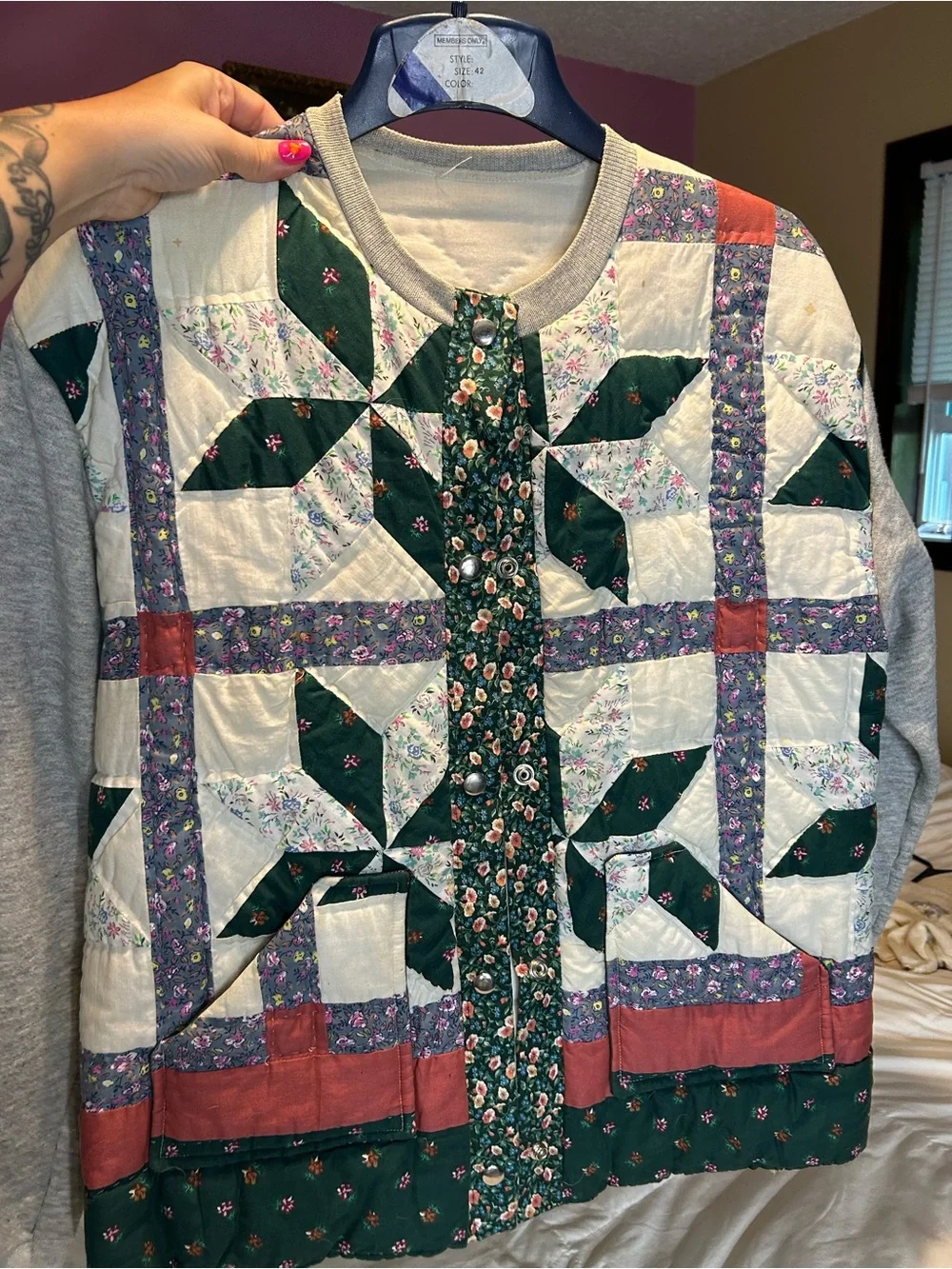 Quilted Patchwork Green and Cream Women's Jacket - Picture 2 of 4